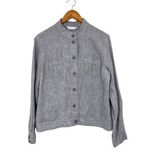 Christopher &‎ Banks 100% Linen Gray Utility Jacket Mandarin Collar Sz M Casual